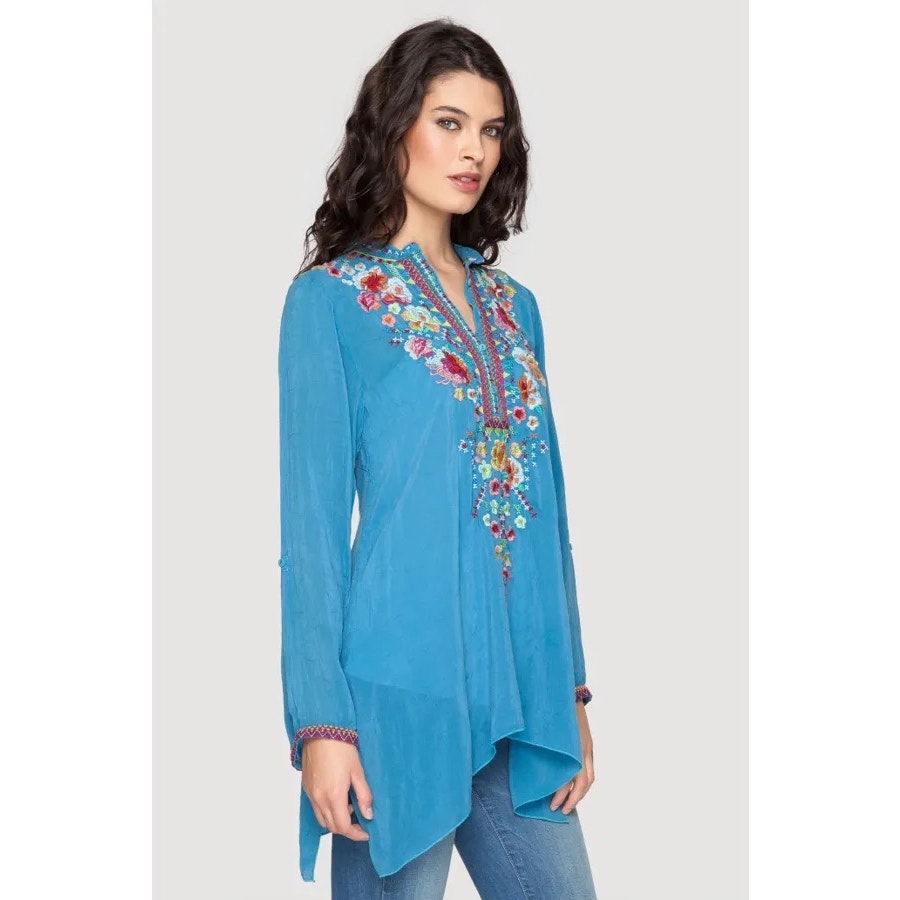 Johnny Was Sable Blue Long Sleeve Embroidered Tunic Top Size Small